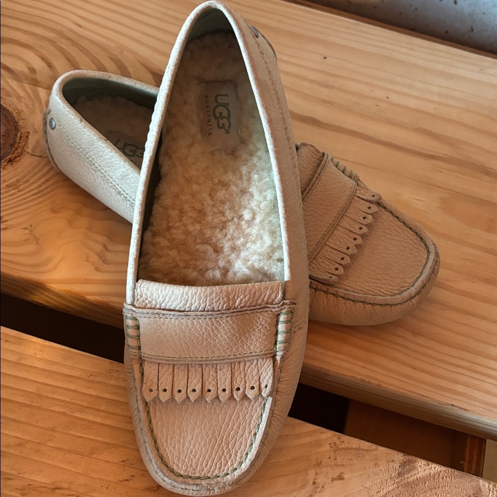 UGG Minty light green Cream Leather Slip-Ons with sherpa insoles